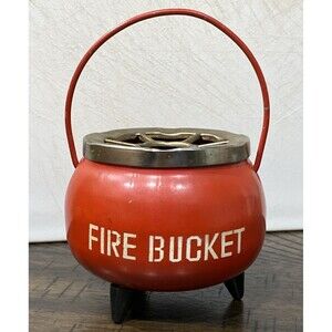 Vintage Fire Bucket Ashtray Metal With Lid And Handle Made In Hong Kong Retro
